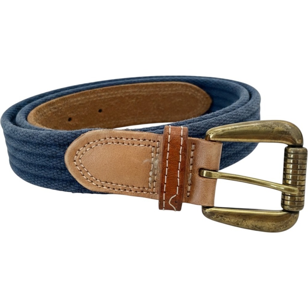 Dockers Mens Blue Canvas Leather Belt Size 34 Brass Roller Buckle Casual 1.5in